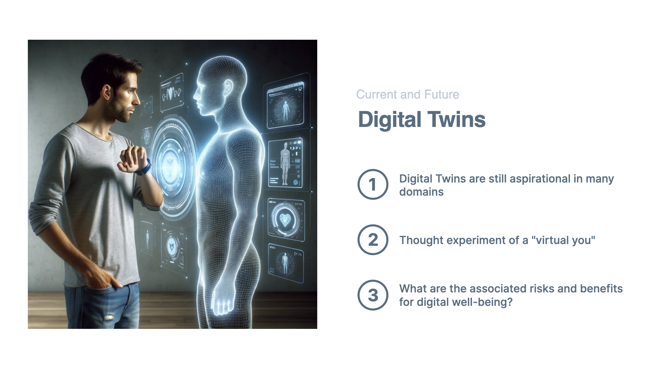 Slide introducing a hypothetical scenario: a personal digital twin assistant with access to health data that can make recommendations and take actions on behalf of the user