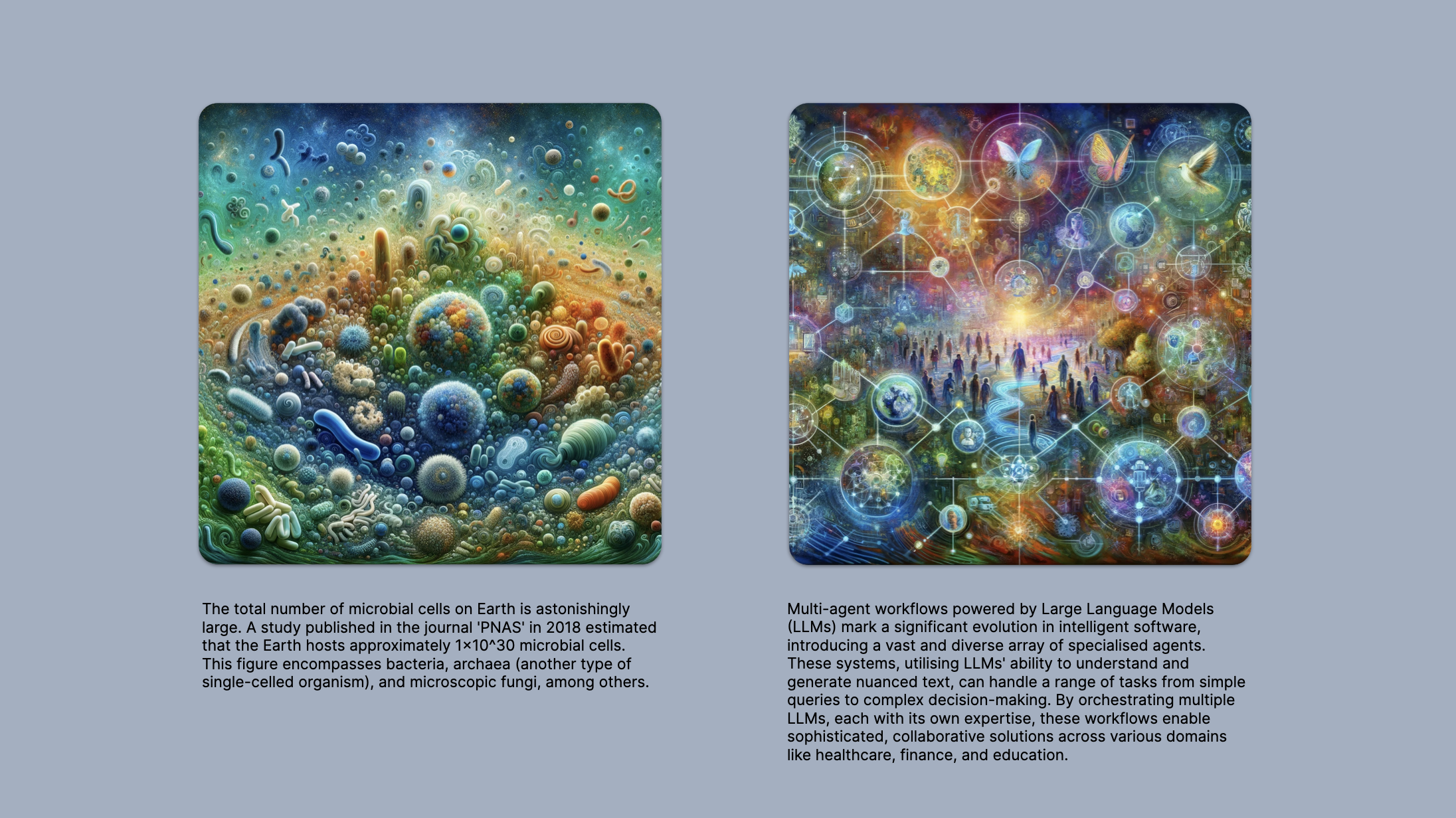 Two AI-generated images side by side: one depicting diverse microbial life, the other showing a network of intelligent software agents, with prompt text shown below each image