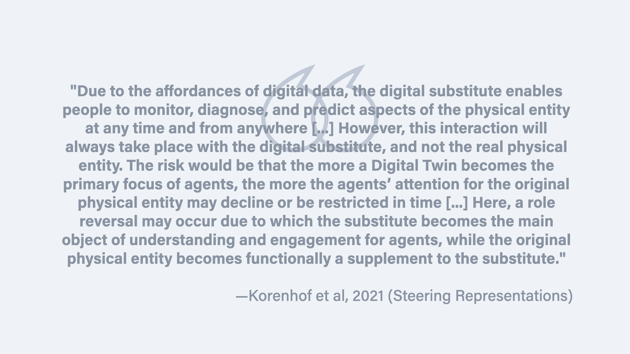 Quote from Korenhof et al. discussing how digital twins risk a role reversal where the digital substitute becomes the primary focus while the physical entity becomes secondary