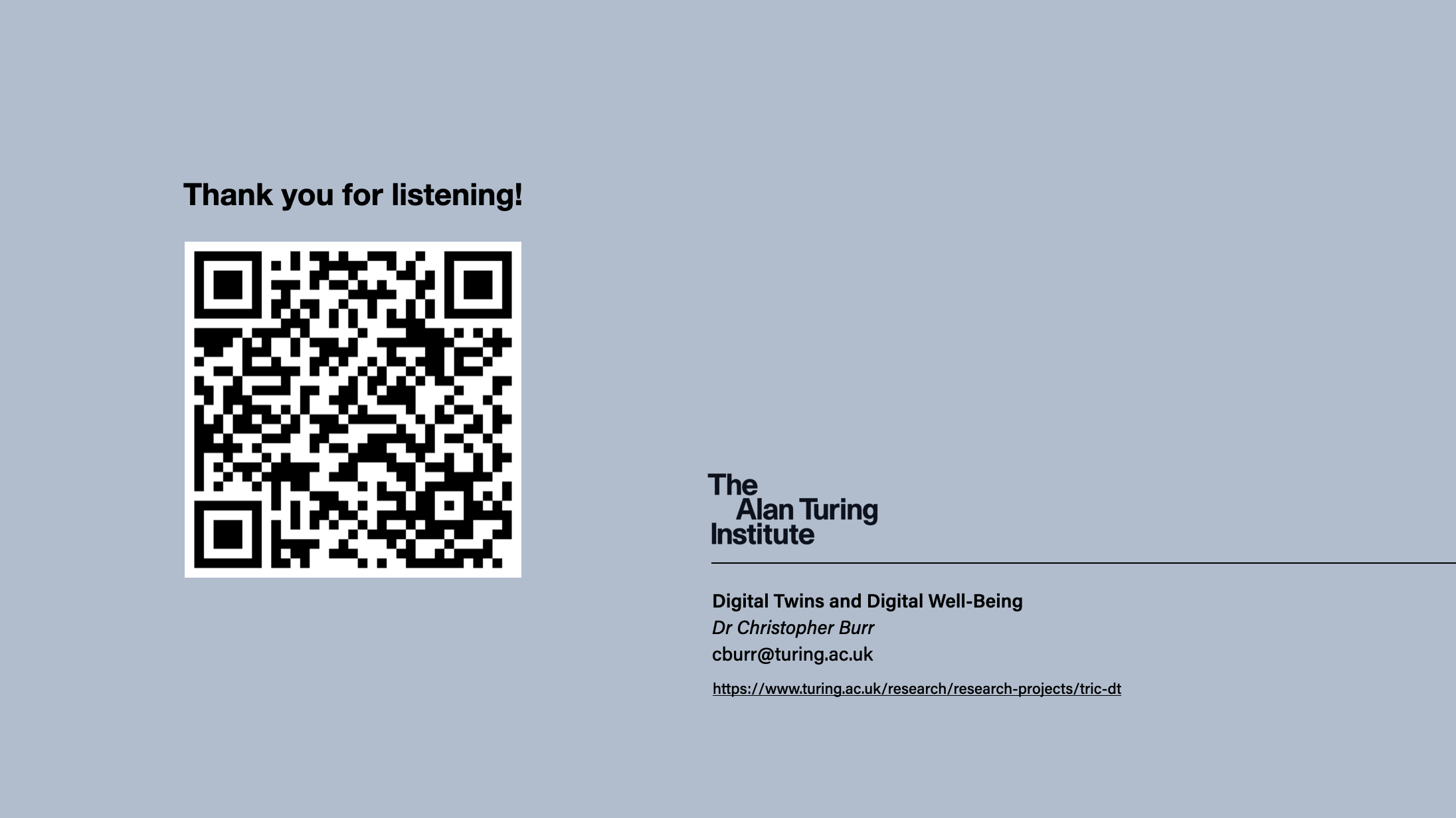 Final slide showing acknowledgements and contact information for Dr. Christopher Burr