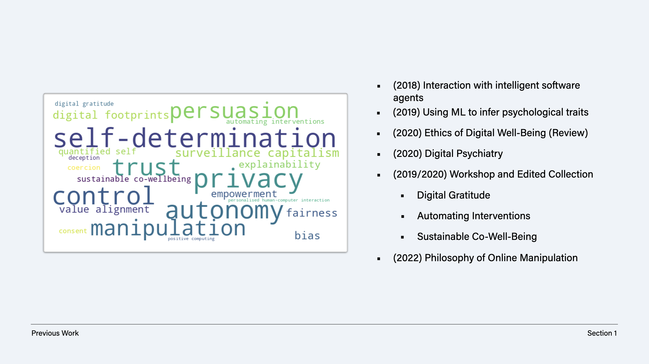 Slide showing key concepts from previous work including control, autonomy, privacy, trust, and self-determination