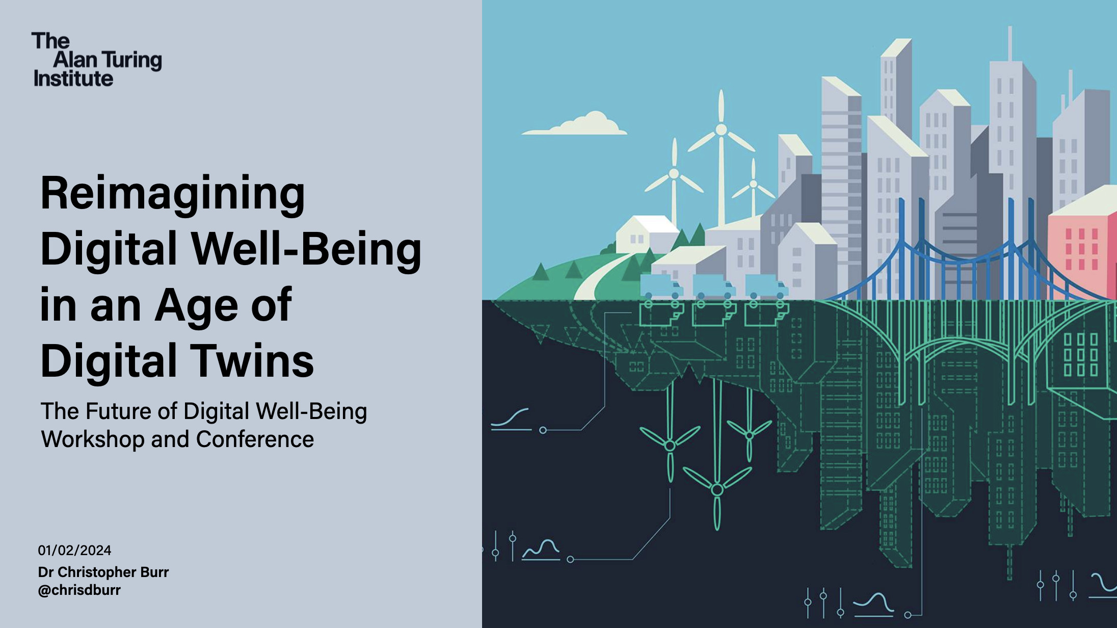 Title slide for presentation: "Reimagining Digital Well-Being in an Age of Digital Twins" by Dr. Christopher Burr, Senior Research Associate at the Alan Turing Institute