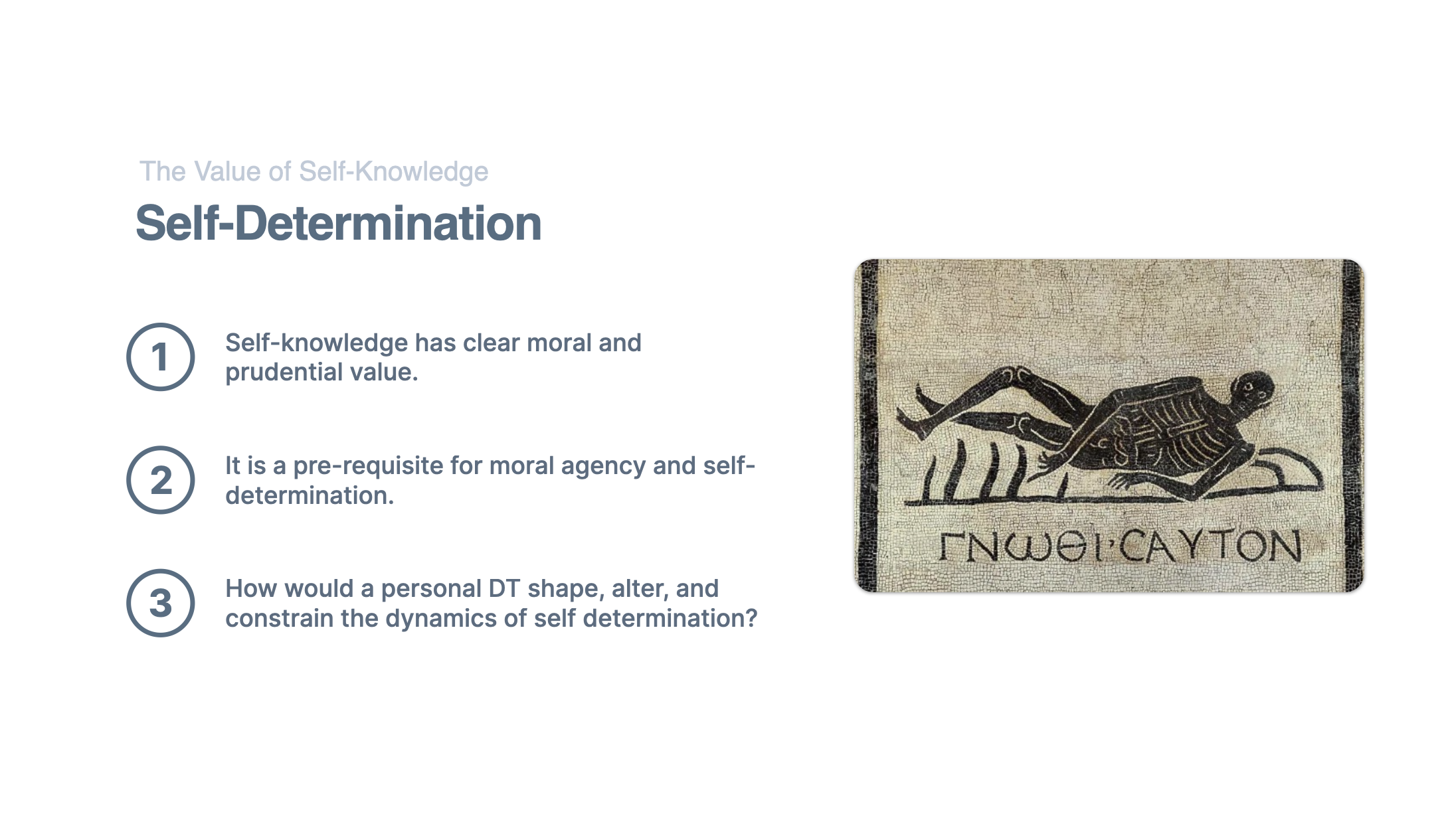 Slide discussing self-knowledge and self-determination in relation to digital twins, referencing the ancient Greek maxim "know thyself"
